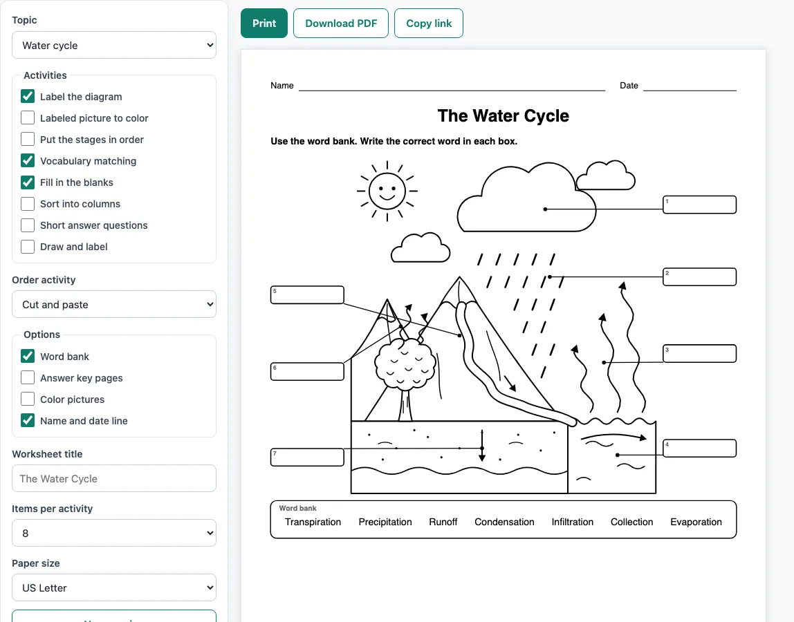 Science worksheets example