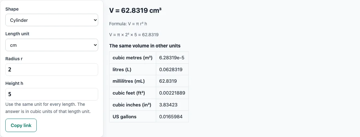 Volume formula example